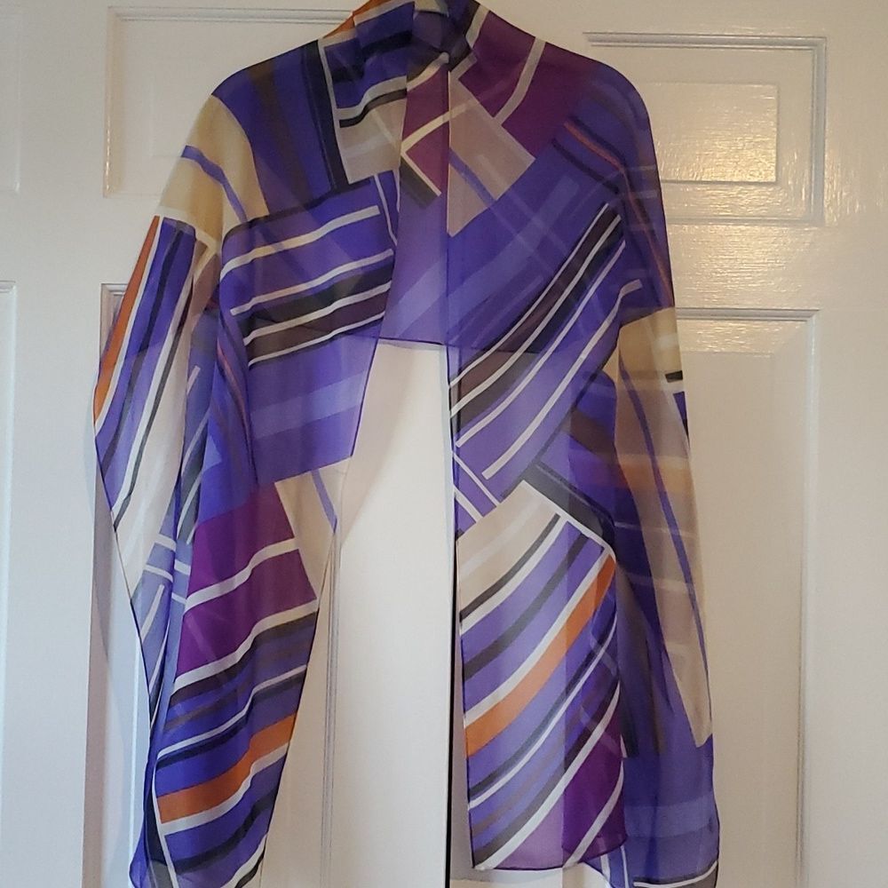 ANNE KLEIN SILK GEOMETRIC GRAPHIC SCARF WRAP PURPLE BLACK WHITE TAN ORANGE